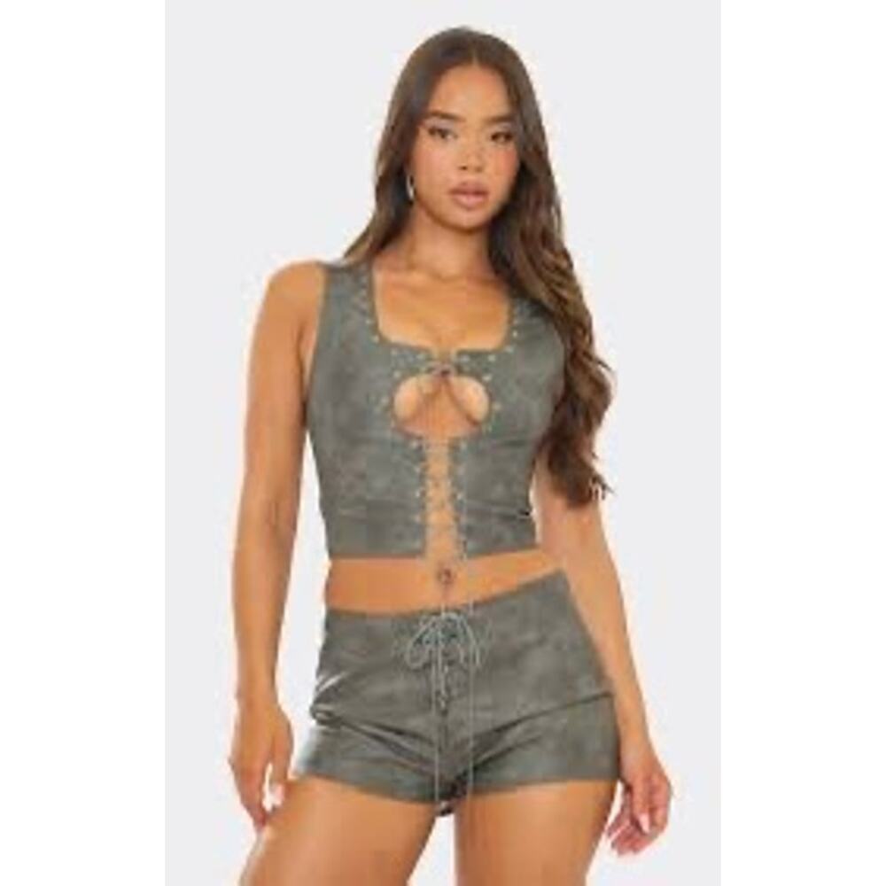 EGO Gray Faux Suede Lace Up Corset Vest Top Y2K Western Moto NWT XS